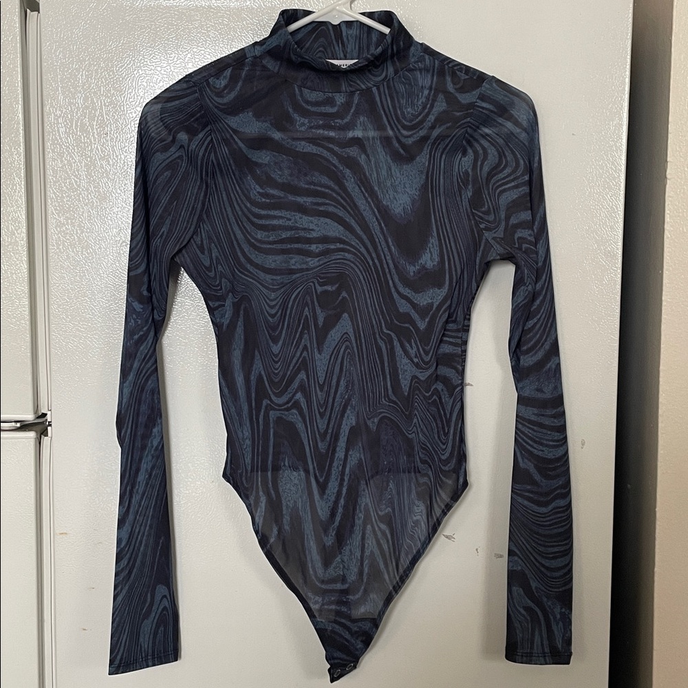 Good American Size 1 Blue Patterned Long Sleeve Stylish‎ Bodysuit